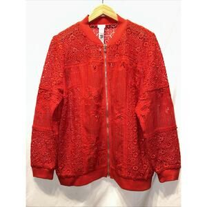 Chicos Women's Large Red Crochet Lace Zip Bomber Jacket Floral Quiet Luxury